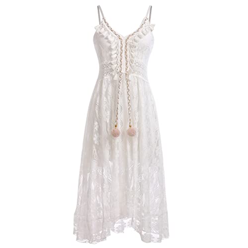 Boho Dress For Women, Women's Casual Summer Lace Up Tassel Cutout Boho Dress V Neck High Waist Long Beach Dresses A-Line Fringed Flowy Maxi Dress For Women Beach Vacation White03 M #TOP1