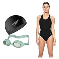 Kit Natação Speedo Maiô Cross + Óculos Splashy Antiembaçante + Touca Flat Silicone (BR, Alfa, XXG, Regular, Verde)
