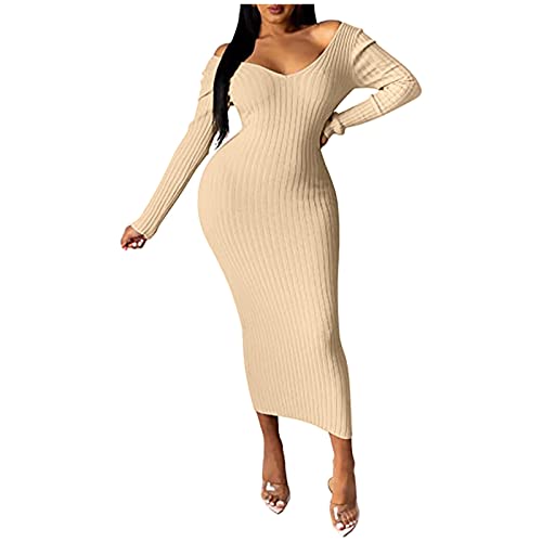Sweater Dress for Women Sexy Long Sleeve Off Shoulder Ribbed Knit Bodycon Long Midi Dresses (Beige, S)