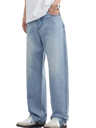 Men's Thin Straight Jeans, Cotton Zipper Loose Wide-Leg Pants Mid-Waist Vintage Jeans
