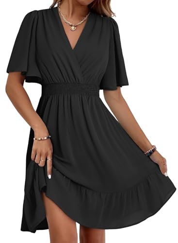 Image of Dokotoo Womens Summer Dresses 2025 Deep V Neck Ruffle Waist Mini Dress Elegant Party Wedding Guest Sundresses Vacation Beach Outfits for Women Black Dress XX-Large