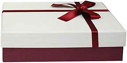 Emartbuy Rigid Luxury Rectangle Shaped Presentation Gift Box, 33.5 cm * 25 cm * 11.5 cm, Textured Burgundy Box with Cream Lid, Chocolate Brown Interior and Satin Decorative Ribbon