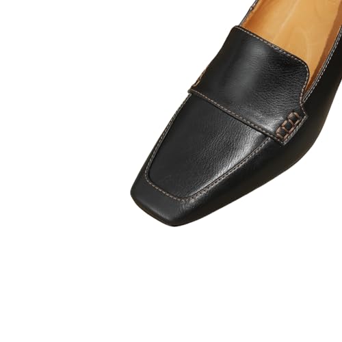 Image of TinaCus Women's Square Toe Genuine Leather Handmade Chunky Heels Slip-on Casual Loafers Shoes