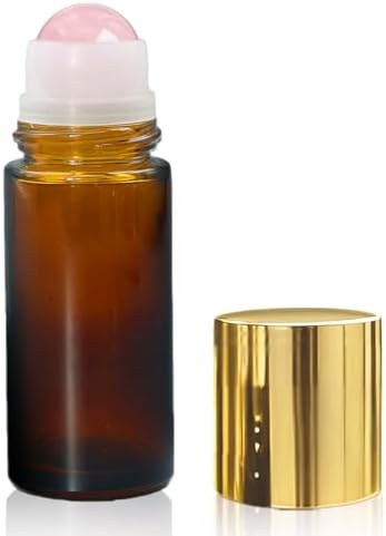 Warmify Rose Quartz Roller Bottles for Essential Oils, 50ml Refillable Amber Glass Roll On Bottles with Natural Crystal Roller Balls, Leak-Proof Travel Perfume Bottle with Gold Caps