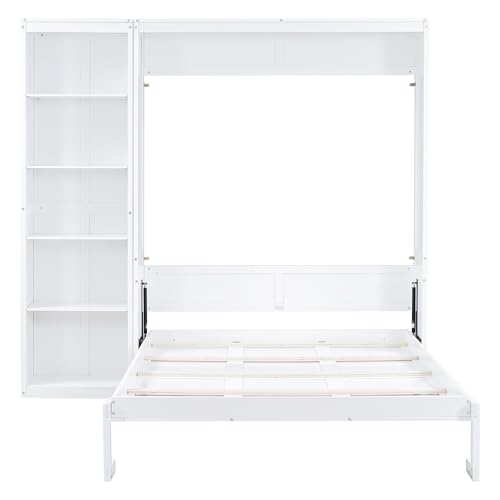 Image of Merax Space-Saving White Murphy Bed Queen Size with Adjustable Storage Shelves, Multifunctional Foldable Wall Bed for Small Spaces Studio Study Office Guest Room