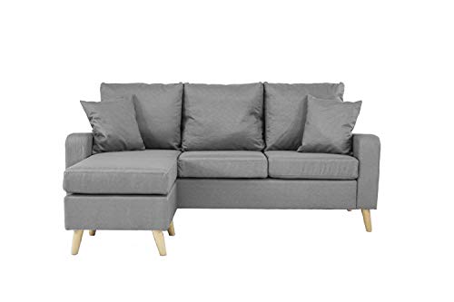 Divano Roma Furniture Middle Century Modern Linen Fabric Small Space Sectional Sofa with Reversible Chaise (Light Grey) - Thumbnail 4
