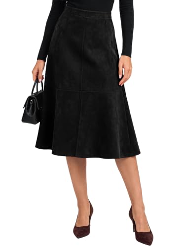 Image of Belle Poque Women's Faux Suede Midi Skirt High Waisted A-Line Skirts Black