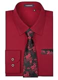HISDERN Mens Dress Shirt Burgundy Long Sleeve Shirt with Matching Black Tie and Pocket Square Set Classic Button Down Formal Business Shirts for Party Prom
