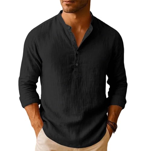 Camisa de Lino de algodón de Manga Larga para Hombre Henley Camisas Informales de Verano Camisa Cuello Mao con Botones T Shirt de Playa Hawaiana para Aire Libre