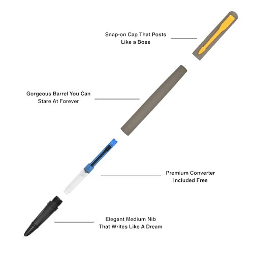 Image of BUZZ COOL Fountain Pen With Converter Pump | Grey Body, Yellow Clip Metal Fountain Pen with Fine Nib(0.5mm) | Zero Ink Leakage Smooth Writing Pen