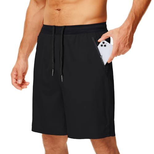 DEHORU Men’s Running Short with Zip Pockets Quick Dry Breathable Workout Sports Short Gym Casual Training Shorts(BK,L) Black