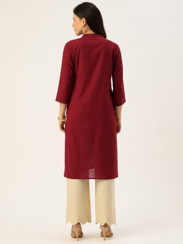 Image of feranoid Women's Plain Cotton Kurta with Mandarin Collar, 3 /4 Sleeves & Pocket