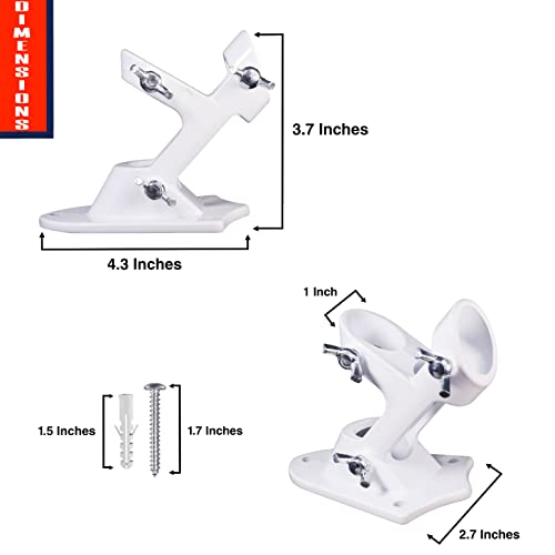 Moxwo 1" Dual Metal Flag Pole Holders Brackets For Outside House With 3 Fixing Clamps – Heavy Duty Aluminum Alloy Wall Mount Set 0.75 To 1 Inch - Wind & Rust Resistant -White #TOP3