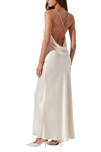 ASTR the label Women's Maxime Satin Low-Back Pearl Straps Maxi Dress (Medium, Cream)