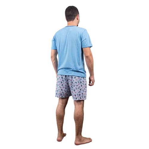 Conjunto Pijama Adulto Masculino Liso com Short Estampado (M, Azul Claro)
