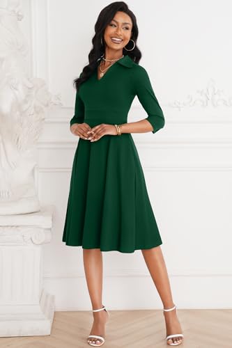 Image of Nmoder Casual Dresses for Women Semi Formal Fit and Flare 3 /4 Sleeve V Neck Cocktail Church Midi Dress with Pockets