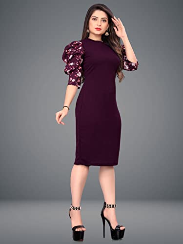 Image of KUDUZO Women's Black and Purple Lycra Fit and Flare High Low Knee Length Round Neck Floral Puff Sleeves S to 2XL Size Dress (SP-T3B6FPF97VRVW7YH)