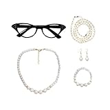 Old Lady Costume Accessories for Women Girl 100th Day of School Costume Accessories with Glasses Eyeglasses Chain Pearl Necklace Bracelet Earring Black