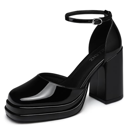 CELLENZ Women Chunky High Heels: Closed Toe Strappy Platform Heel - Black Dress Party Casual Shoes...