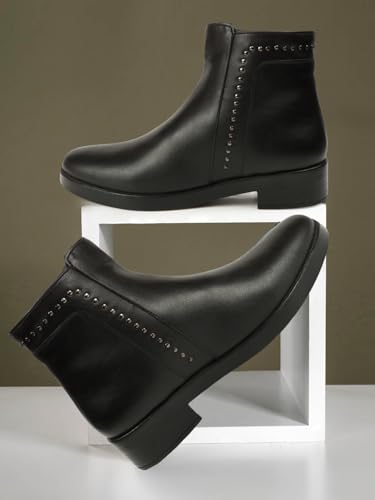 Image of ELLE Women Studded Low Block Heel Ankle Boots with Side Zipper