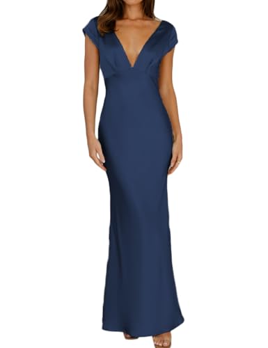 Image of Halfisland Womens Summer Satin V Neck Cap Sleeve Midi Dress Wedding Guest | 2026 Summer,Backless,Hollow Out,Long,Formal,Cocktail,Twist,Bridesmaid,Party,Baby Shower,Short Sleeve,Beach,Elegant,Evening