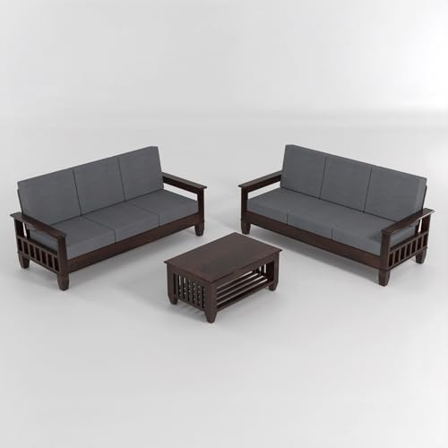Image of Sheesham Wooden 6 Seater Sofa Set for Living Room | Rosewood Cushion Sofa with Side Newspaper Holder for Home & Office | Solid Wood Sofa Set for Lounge (Walnut, 3+3 Seater)