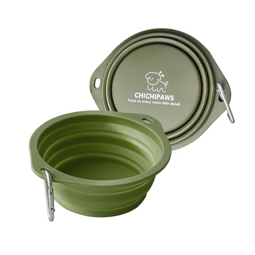 Cuencos para perros para viajes, paquete de 2 cuencos plegables para mascotas, plato portátil de alimentación de mascotas para caminar, estacionar, viajar con 2 mosquetones, sin BPA (verde, grande)