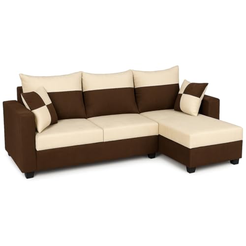 Image of Furny Arevva 4 Seater Fabric RHS L Shape Sofa Set (Cream-Dark Brown)