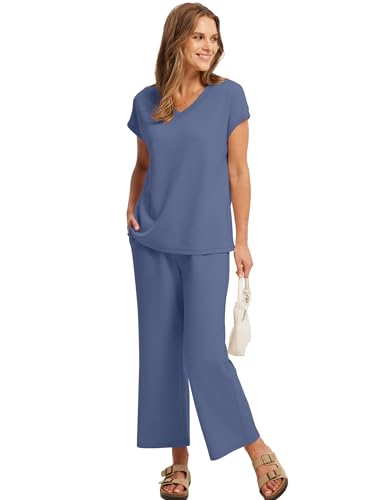Image of Saloogoe Two Piece Sets for Women Summer Outfits Lounge Sets V Neck Tops Wide Leg Pants Woman Vacation Travel Outfits