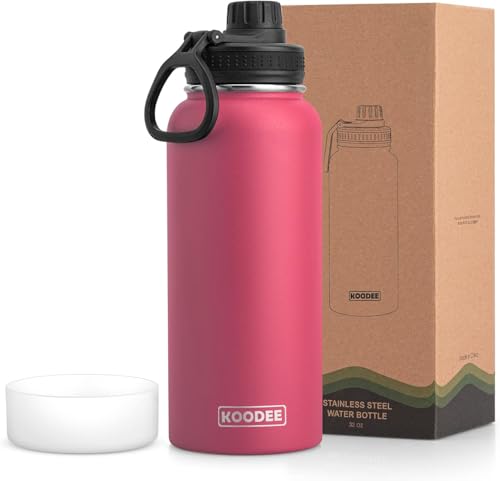 Image of koodee Insulated Water Bottle, 32oz Stainless Steel Double Wall Vacuum Wide Mouth Sport Bottle with Leakproof Spout Lid (Pink Red)