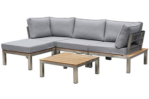 OUTFLEXX Loungemöbel, Silber/grau, Edelstahl/FSC-Teakholz/Textil, für 4 Personen, inkl. Beistelltisch – Bild 4