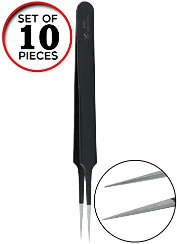 PBI - 11.9 cm Precision Tweezers Excellent Fine Tip Mobile Repairing Tweezers Watchmaking Tweezers Premium Quality Jewelry making Tweezers - Stainless Steel 10 pieces set