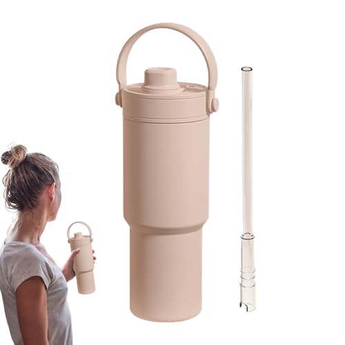 Copas aisladas con tapas, tazas térmicas con tapas | 735 ml de taza de vacío de paja de gran capacidad - Bebidas de moda portátiles con asa y stra, botella de agua para coche -fugas para