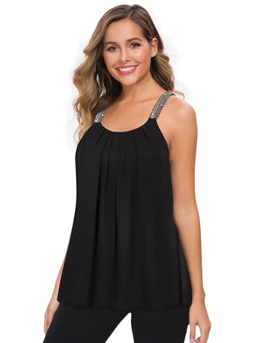 MANER Women's Plus Size Cami Casual Pleated Chiffon Tank Top with Beaded Strap3