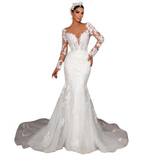 Long Sleeve Mermaid Wedding Dresses for Bride Lace Tulle Beach Bridal Gowns with Detachable Train