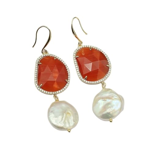 Pendientes de perlas colgantes y pavé naranja para bodas de noche