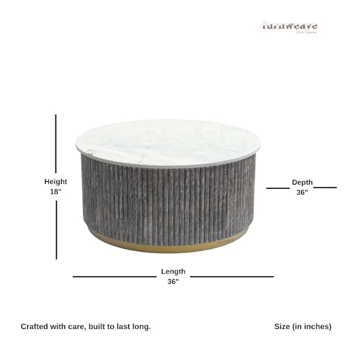 Image of Wooden Coffee Table for Living Room | Modern Round Center Table with Marble Top Fluted Wooden Base and Metal Accent Ring | Premium Marble Top Coffee Table for Home Decor (Grey Texture)