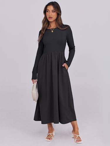 Anrabess Women'S Long Sleeve Midi Dress 2024 Fall Fashion Patchwork Ribbed Knit Tight Top Casual Flowy Swing Dresses Pockets Black Large thumb #1