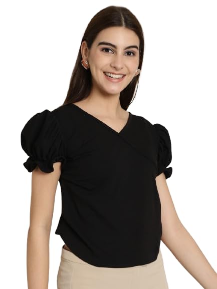 Image of Pinkmint Women Stylish T-Shirt l Short Balloon Sleeve Top's l V Neck Crop Top l Elegant Casual Tops for Girls (Pack of 1)