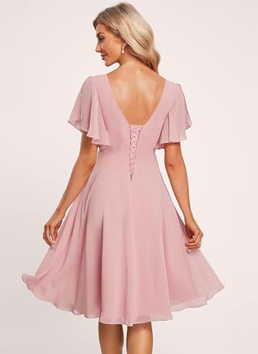 Miao Duo Women's Pleated Chiffon Flutter Sleeves Bridesmaid Dresses with Pockets V Neck Short Formal Dress YZTS2412