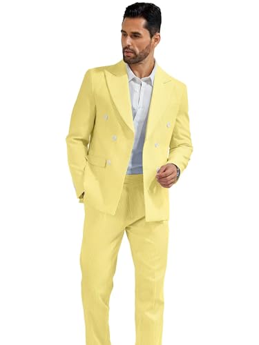 High-End Suits Men's Seersucker Suits 2 Piece Casual Summer Beach Wedding Prom Suit Yellow Prom Striped Blazer Pants Set L