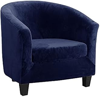 MIFXIN Tub Chair Slipcover 2-Piece Velvet Barrel Club Chair Covers with Cushion Cover Stretchy Soft Washable Armchair Sofa Couch Furniture Protector for Living Room Hotel Counter Cafe (Navy)