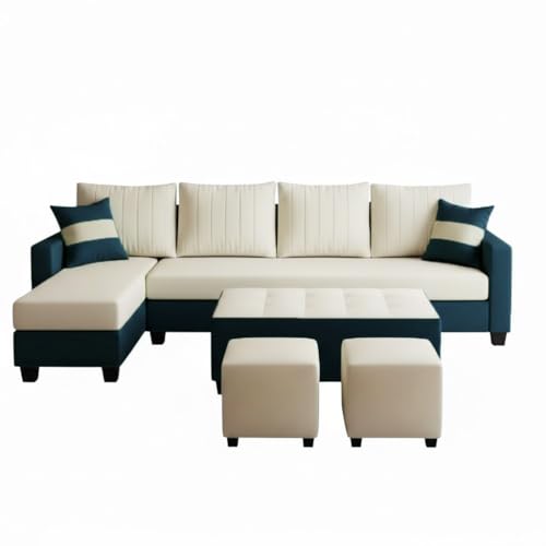 Image of FURNY Avenue 8 Seater Fabric LHS L Shape Sofa Set with 1 Centre Table & 2 Puffy (Cream-Greenish Teal) Premium Velvet Finish