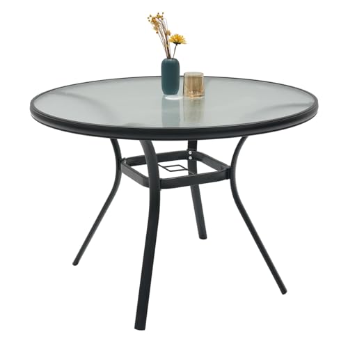 Nixtopia 40 inch Outdoor Round Glass Patio Dining Table for 4 Person with Umbrella Hole