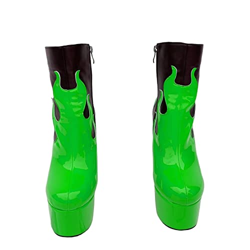 Frankie Hsu Women's Large Size Black Neon Green Patent Leather Flame Fire Sexy Platform Chunky Block High Heels Ankle Heeled Bootie Shoes3