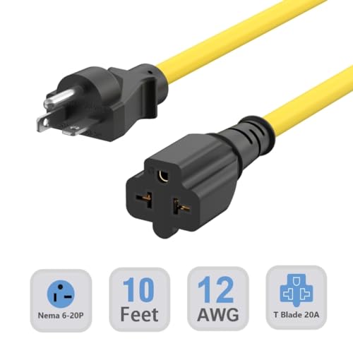 10-Ft Nema 6-20P Extension Cord 20-Amp 250Volt Nema 6-20 Heavy Duty Extension Cable 12AWG, (4 in 1) 6-15R, 6-20R, 5-20R, 5-15R T Blade Female 20AMP Plug Adapter Cord,250V 20A Plug AC Power Cable - Thumbnail 2