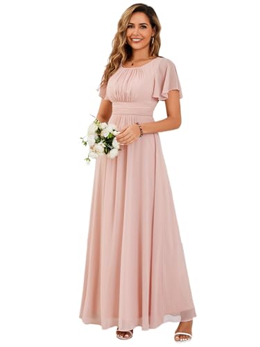Ever-Pretty Abendkleider Chiffon Lang Ballkleider Kurze Ärmel Rundhalsausschnitt Festliche Kleider für Damen Rosa 40