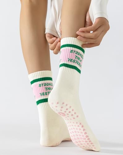 Image of Yawlsow Pilates Grip Socks for Women Yoga Grippy Socks Cute Barre Non Skid Athletic Crew Sticky Sock Workout Hospital