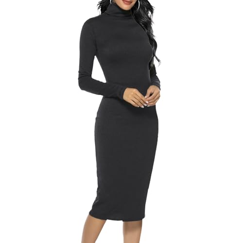 Damen Rippstrick-Pulloverkleid, Rollkragen, schmale Passform, langärmelig, figurbetontes Midikleid für Damen 2025