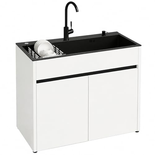 Spülenschrank Edelstahl Freistehend 68/80cm Küchenspüle mit Unterschrank Mischbatterie und Teleskop-Abtropfgestell für Waschküche Garage Werkstatt